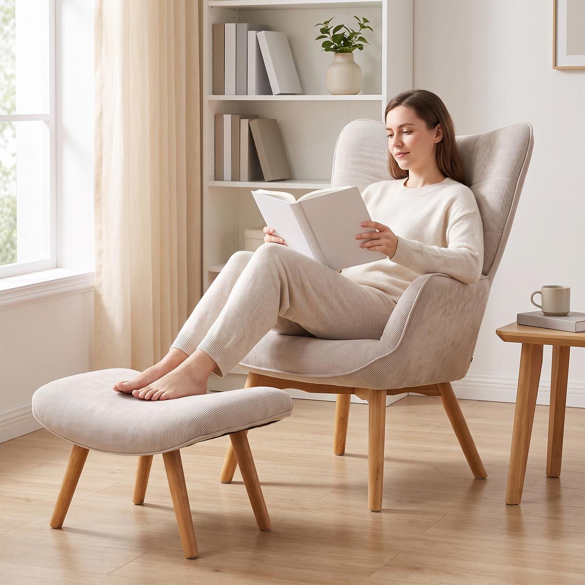 OHRENSESSEL mit Hocker, Relaxsessel, Polstersessel in Cord-Optik, mit Holzbeine - Beige/Naturfarben, Buchenholz/Textil (80/101/72cm) - HOMCOM