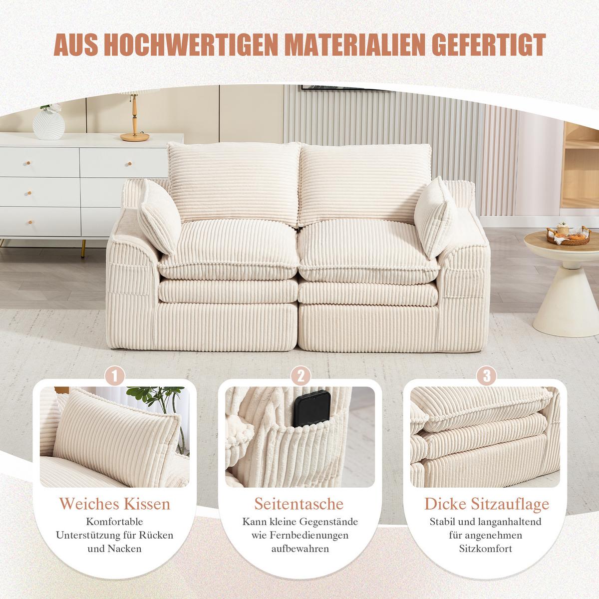 2-SITZER SOFA cordstoff mit seitentaschen & federkern - Beige, Textil (191/85/94cm) - Urban Meuble