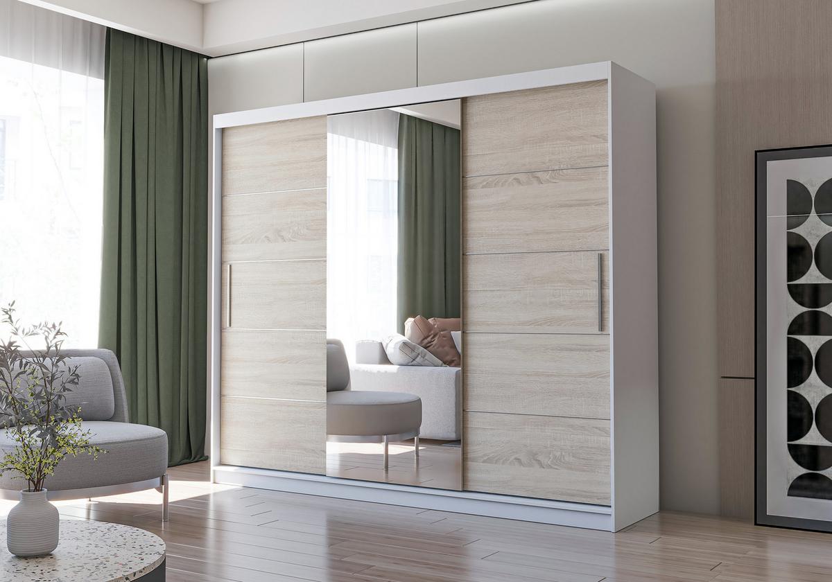 SCHWEBETÜRENSCHRANK Alba Weiß/Sonoma Eiche mit Spiegel, ohne LED Beleuchtung 250 cm - Alufarben/Weiß, Glas/Holzwerkstoff (250/218/61cm) - imoebel24