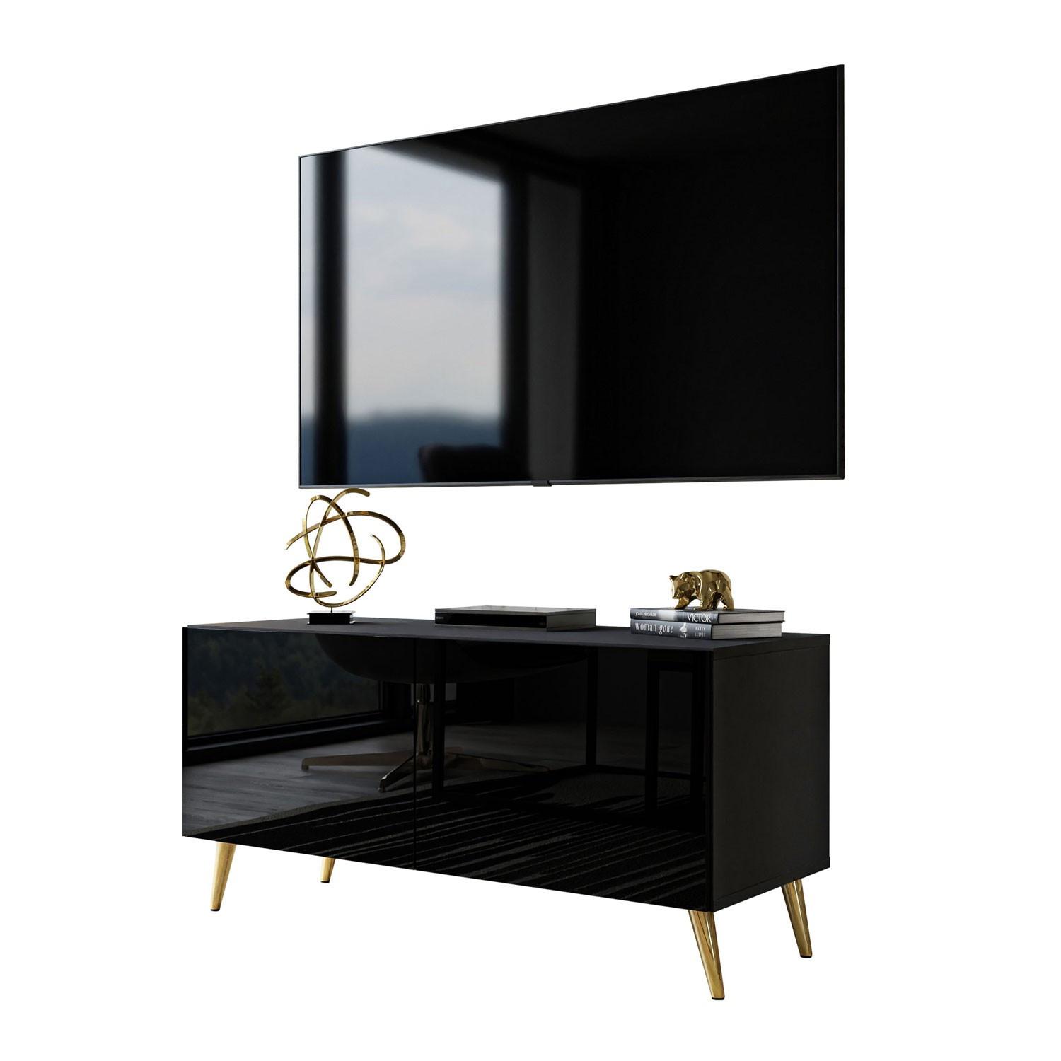 TV-ELEMENT AURA 100 Schwarz Hochglanz – Beinfarbe: Gold - Goldfarben/Schwarz, Holzwerkstoff (100/49/40cm) - Lookway