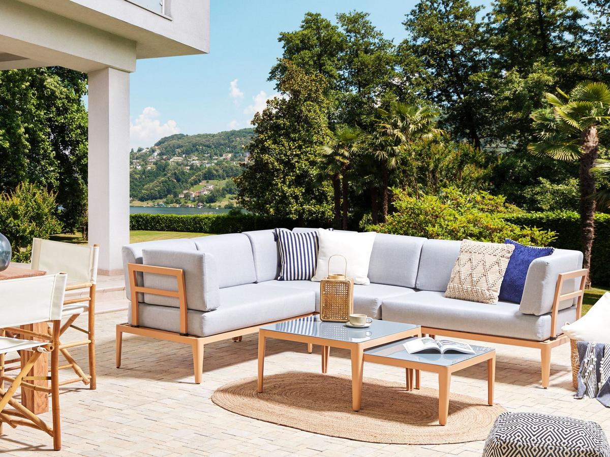 LOUNGE SET 6-Sitzer hellbraun rechtsseitig modular Auflagen hellgrau Rima III - Hellbraun, Metall - Beliani