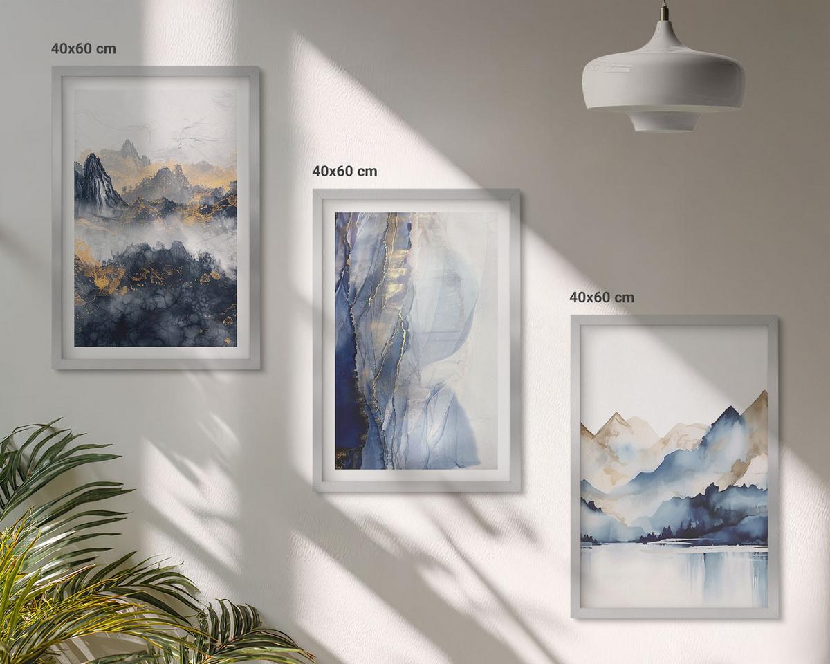 BILDER SET 3er Set - 40x60 cm Silberner Rahmen - Blaue und graue Berglandschaften - Silberfarben, Kunststoff (40/60cm) - TULUP