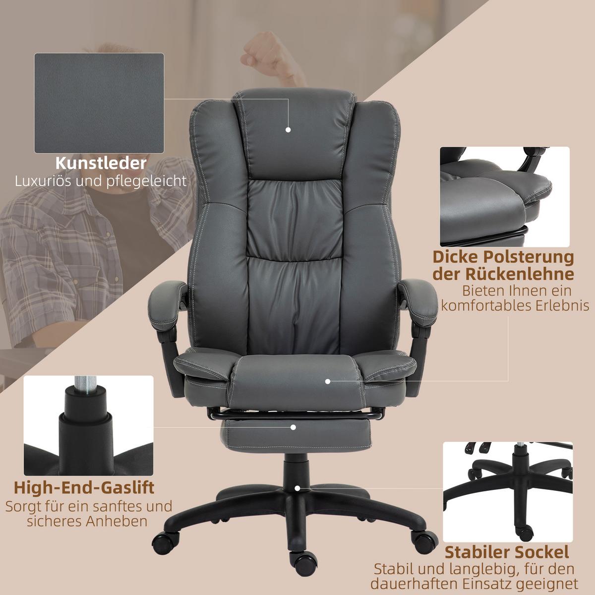VERSTELLBARER Drehstuhl mit Fußstütze, Kopfstütze, Massagefunktion, Dunkelgrau - Dunkelgrau/Schwarz, Kunststoff (68.5/121/68.5cm) - Vinsetto