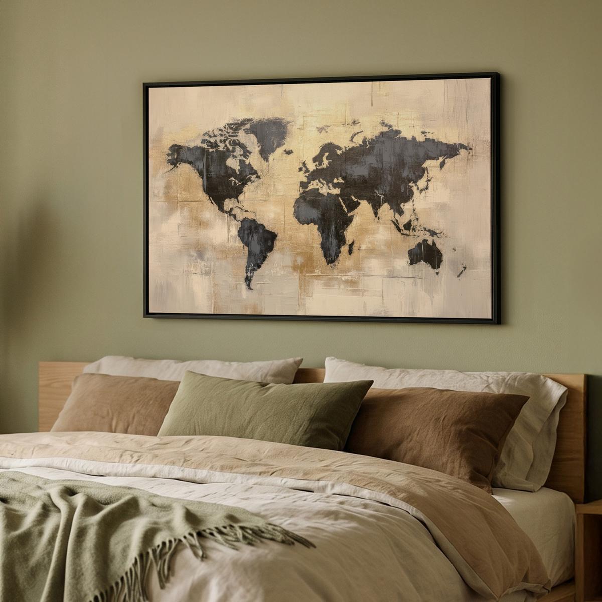 LEINWAND Bilder mit Rahmen - Weltkarte - Gold - Schwarz - Abstrakt - 90x60 - Kupferfarben, Textil (90/60cm) - MuchoWow