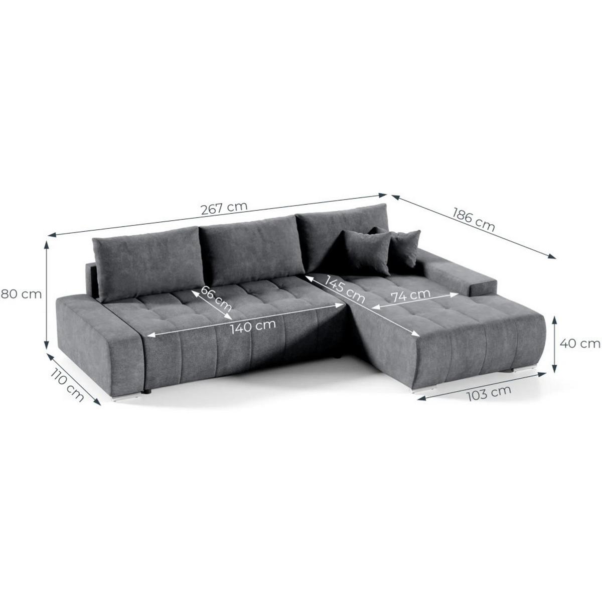 ECKSCHLAFSOFA Draco mit Schlaffunktion, links, Dunkelgrau - Dunkelgrau/Silberfarben, Textil/Metall (267/186cm) - Beautysofa