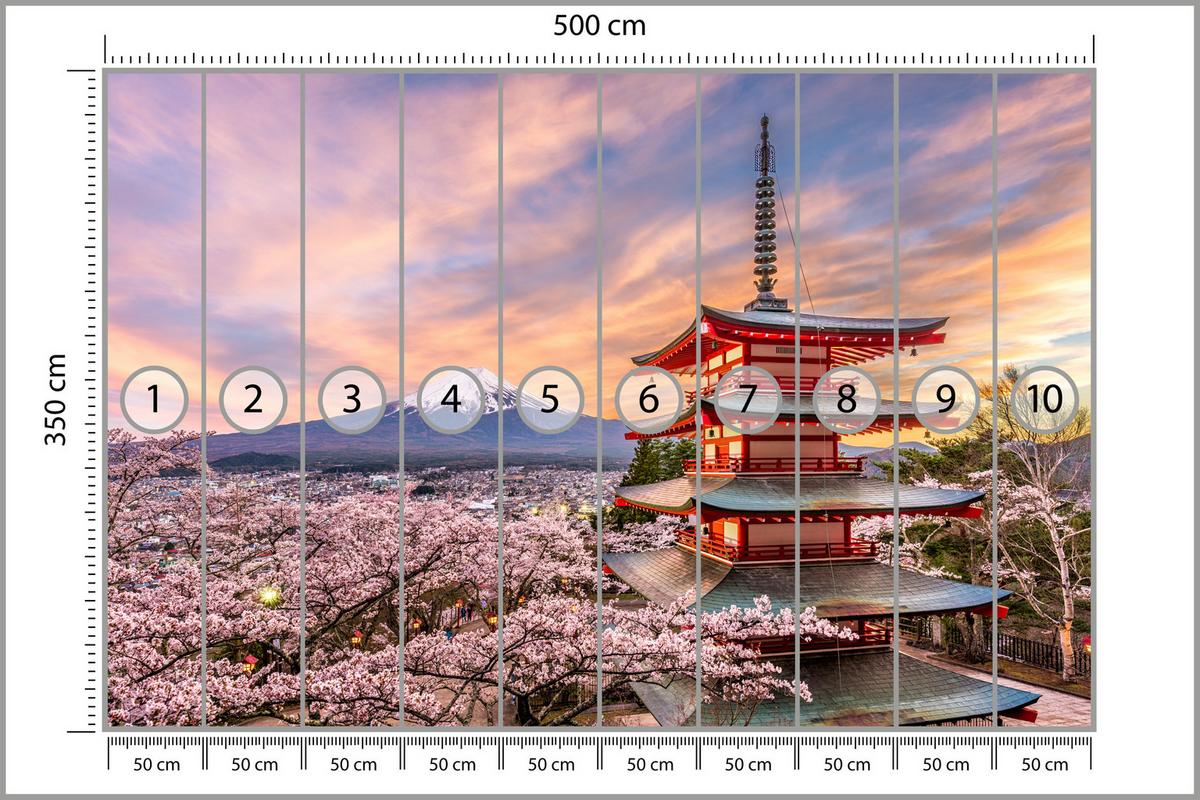 FOTOTAPETE für Wohnzimmer Japanische Pagode Frühling Sonnenuntergang 500x350 - Rot/Violett, Papier (500/350cm) - Muralo