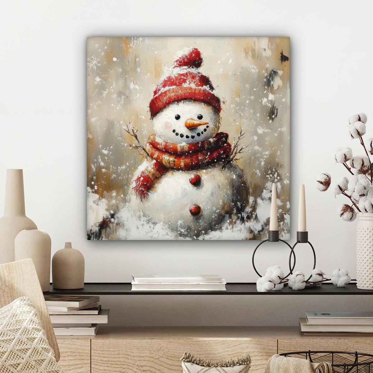 LEINWANDBILD Schneemann - Winter - Schnee - Beige Wandbild Wohnzimmer 50x50 cm - Weiß, Textil (50/50cm) - MuchoWow