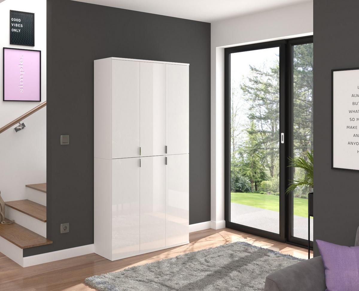 SCHUHSCHRANK weiß Hochglanz 91 x 193 cm, Garderobenschrank 6 Türen, 15 Fächer - Weiß Hochglanz/Silberfarben, Holzwerkstoff/Kunststoff (91/193/34cm) - Inn.Furn
