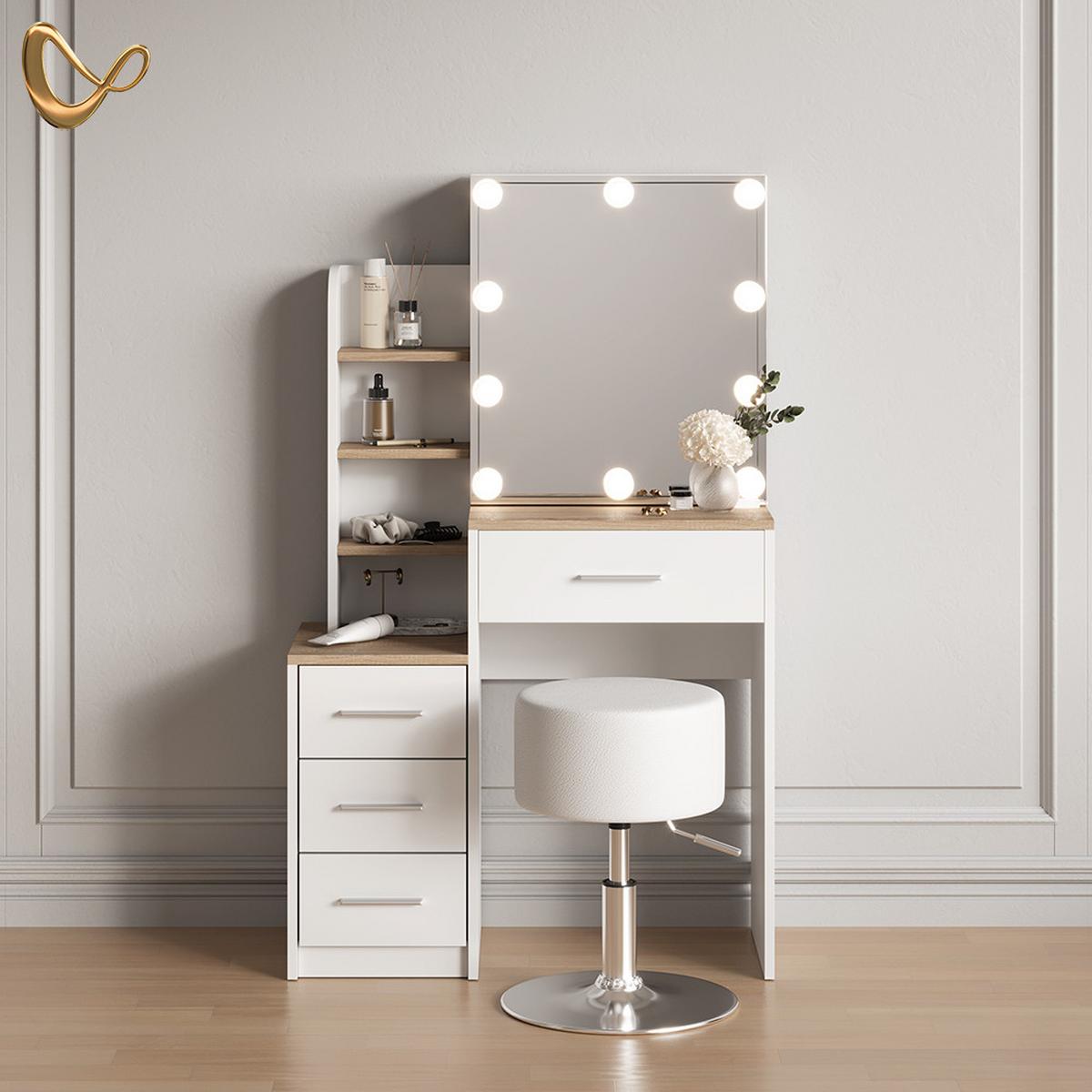 SCHMINKTISCH Loreta Weiß/Sonoma mit LED Beleuchtung und Hocker - Weiß/Sonoma Eiche, Holzwerkstoff (80/131.6/36cm) - Livinity®