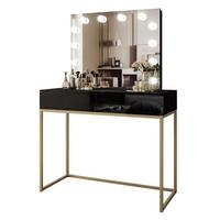 SCHMINKTISCH BLANCO GOLD ELITE mit Spiegel und Beleuchtung Schwarz Hochglanz PUSH OPEN - Schwarz Hochglanz/Goldfarben, Holzwerkstoff (100/146/42cm) - Lookway