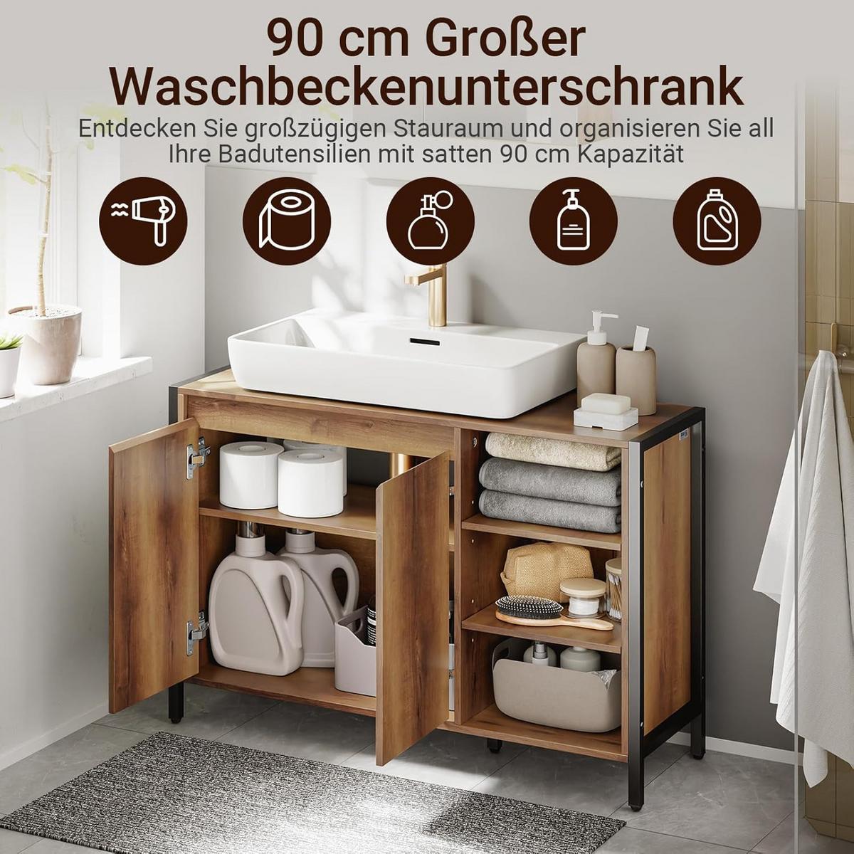 WASCHBECKENUNTERSCHRANK 90cm Breit mit U-Aussparung - Hellbraun, Holzwerkstoff (90/60/30cm) - SoBuy