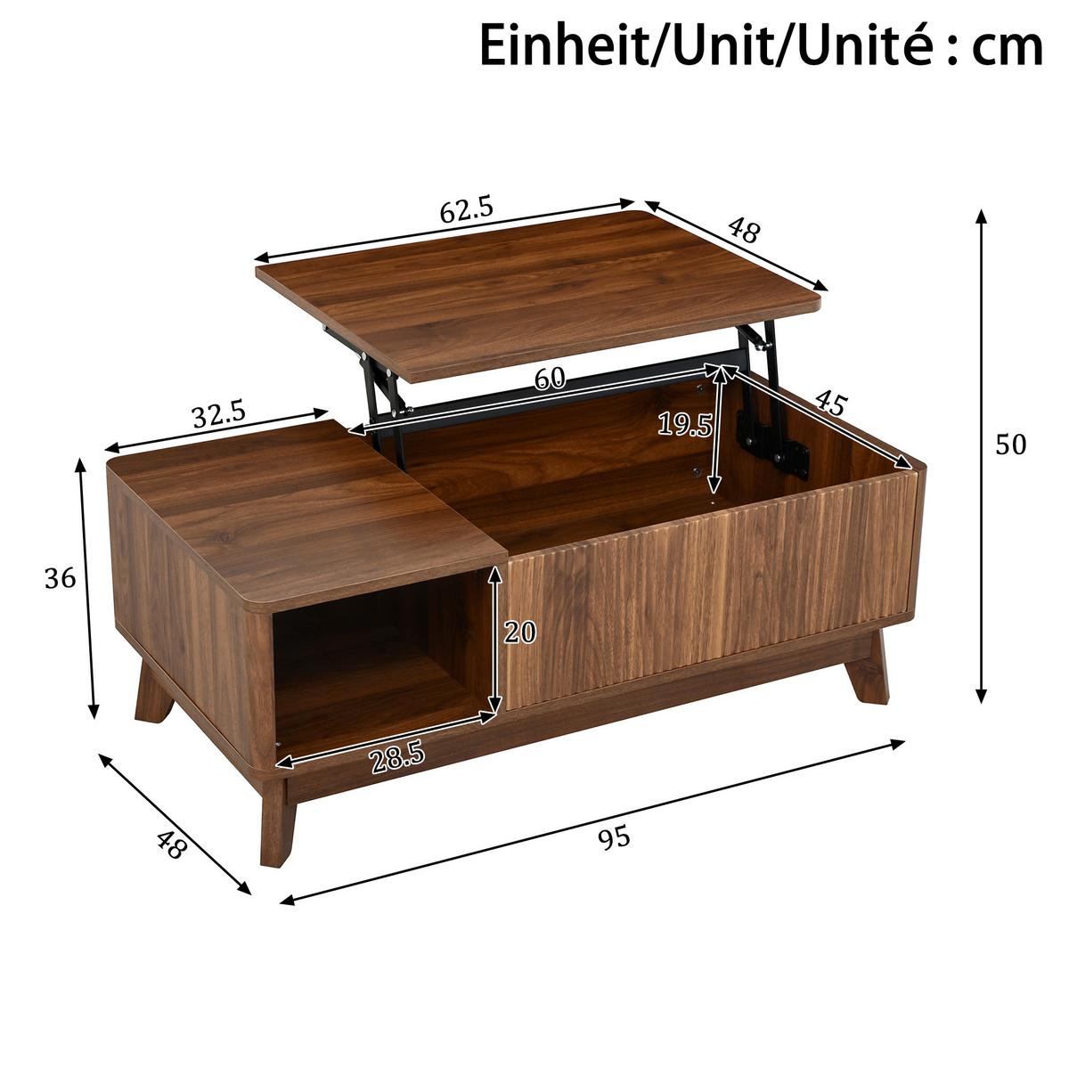 COUCHTISCH holzoptik & 3d-wellen-design mit lift-funktion & verstecktem stauraum - Walnussfarben, Holzwerkstoff (48/95/50cm) - Urban Meuble