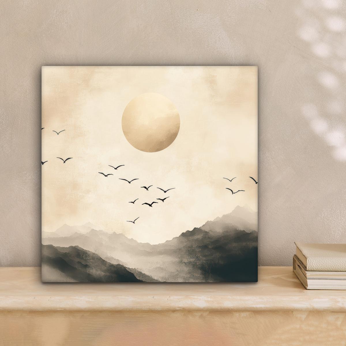 LEINWANDBILD Landschaft - Japandi - Vogel Deko Wohnzimmer 20x20 cm - Beige, Textil (20/20cm) - MuchoWow