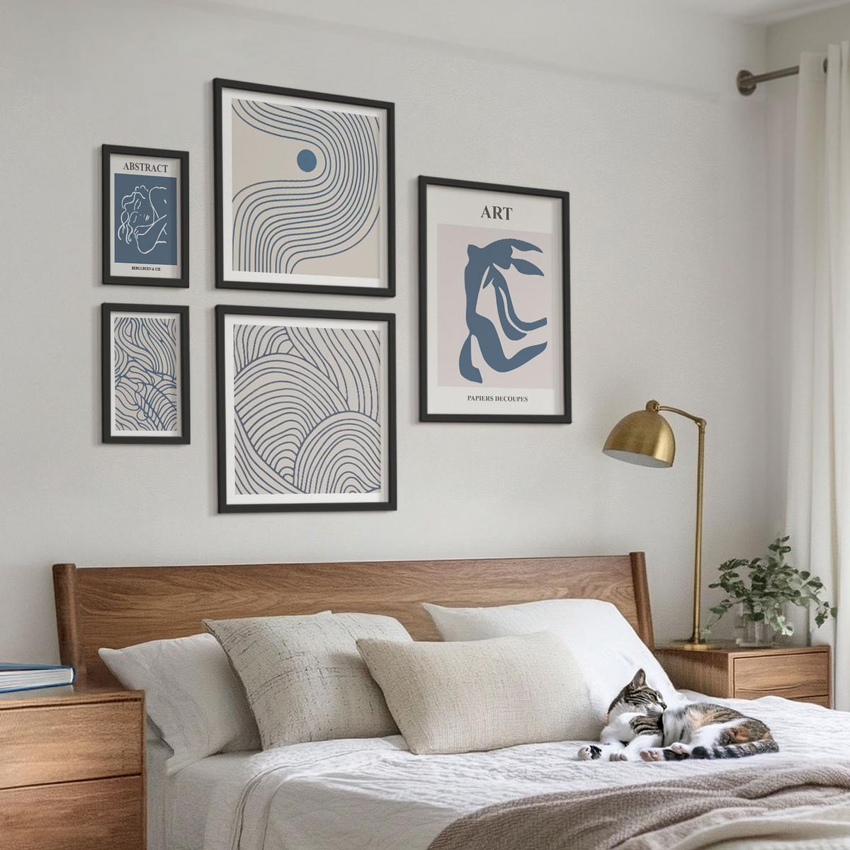 BILDER SET 5er Set - 50x50 cm & 20x30 cm & 40x60 cm Schwarzer Rahmen - Abstrakte blaue Linien - Schwarz, Kunststoff (40/60cm) - TULUP
