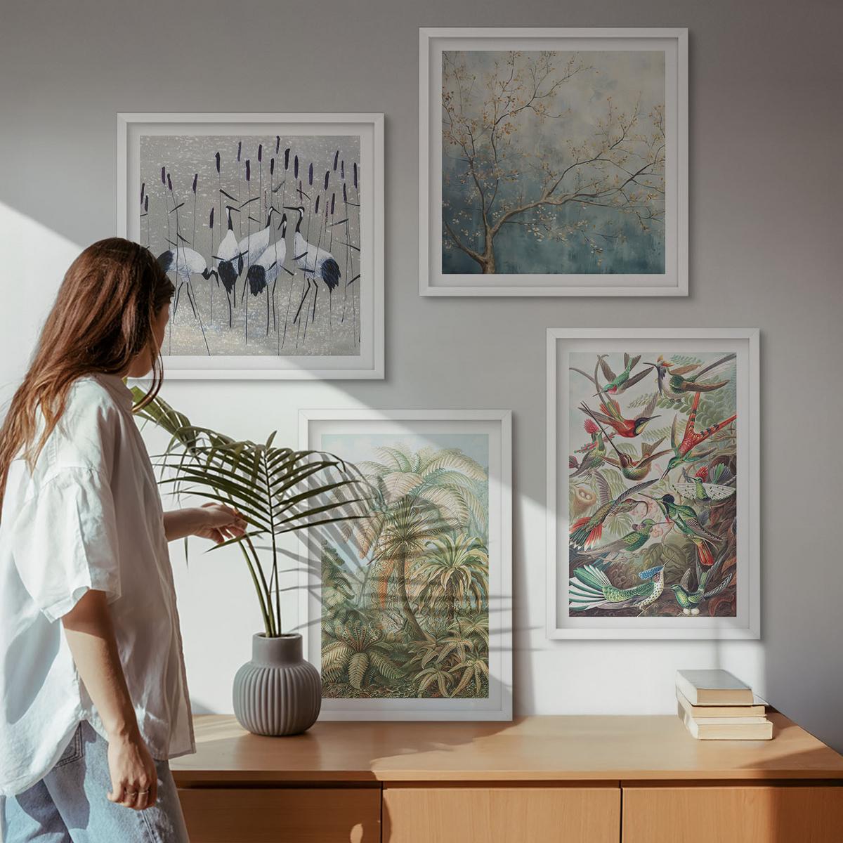 BILDER SET 4er Set - 50x50 cm & 40x60 cm Weißer Rahmen - Tropische Pflanzen, Vögel, Natur - Weiß, Kunststoff (50/50cm) - TULUP