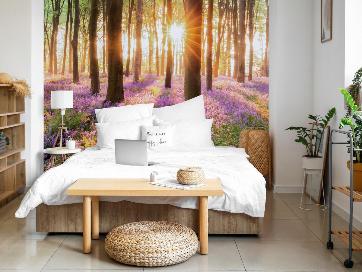 FOTOTAPETE Wald Blumen Sonnenaufgang Landschaft 3D 350x256 - Gelb/Beige, Papier (350/256cm) - Muralo