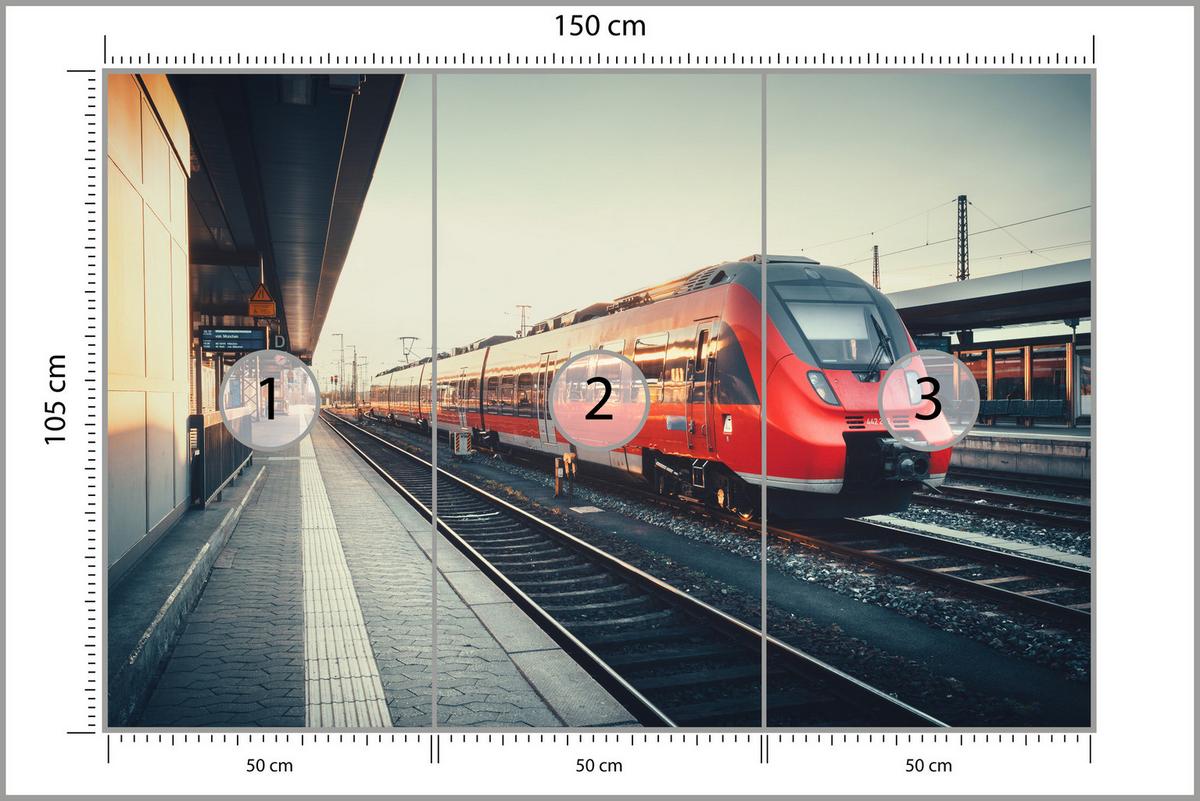 FOTOTAPETE für Wohnzimmer Moderner Roter Zug Bahnhof Geleise 150x105 - Rot/Braun, Papier (150/105cm) - Muralo