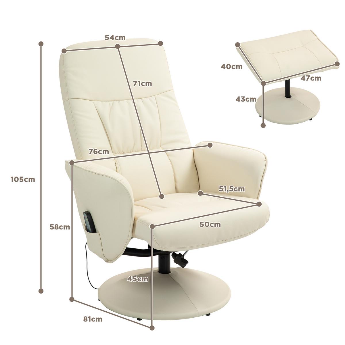 RELAXSESSEL mit Fußhocker, Elektrischer Massagesessel mit Liegefunktion - Creme/Schwarz, Kunststoff/Metall (81/105/76cm) - HOMCOM