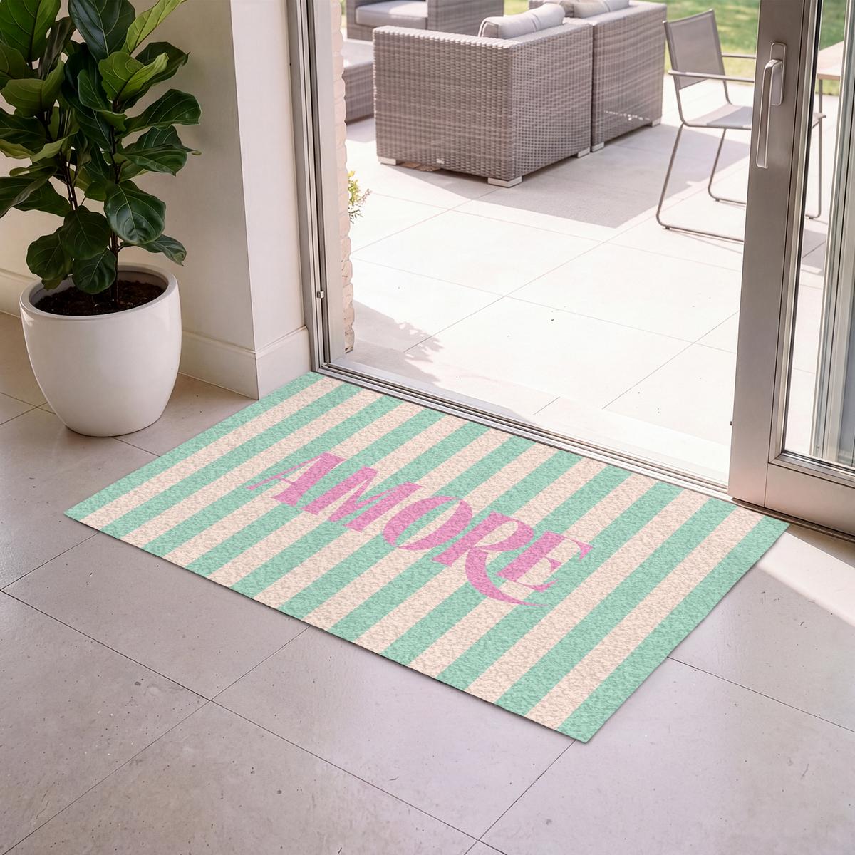 FUSSMATTE Rosa – Grün – Streifen – Amore 120x80 cm - Mintgrün, Kunststoff (120/0.4cm) - MuchoWow