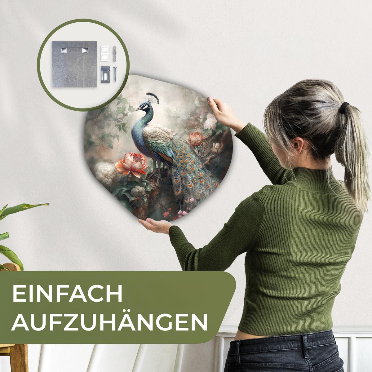 WANDBILD Pfau - Pfauenfedern - Vogel - Dschungel - Blumen Wanddeko 40x40 cm - Smaragdgrün, Kunststoff (40/40cm) - MuchoWow