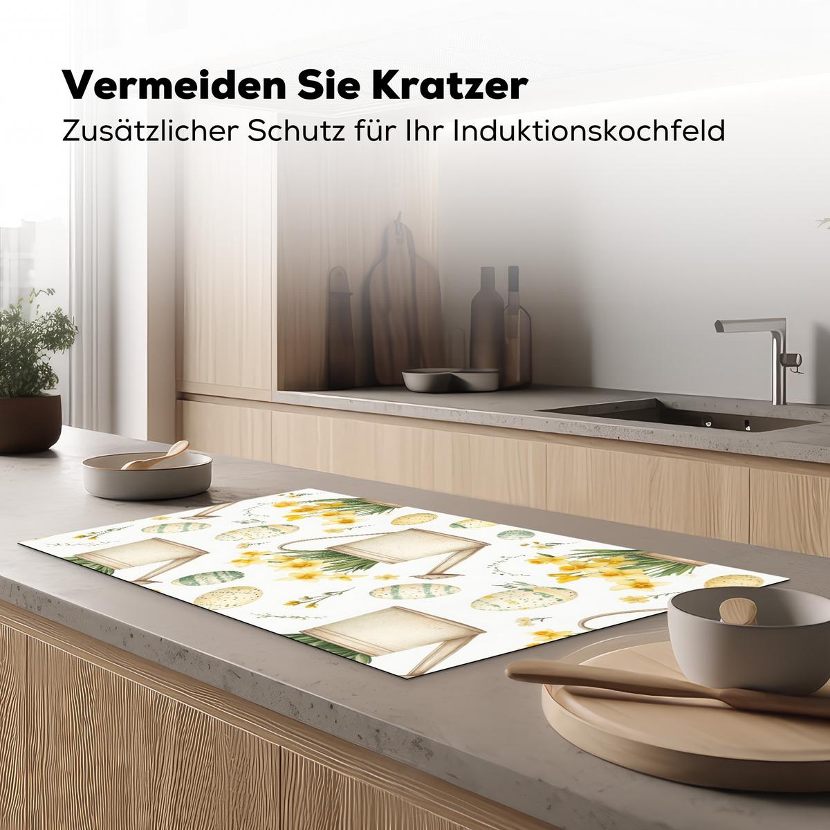 HERDABDECKPLATTE Gießkanne - Blumen - Eier Ceranfeldabdeckung 90x52 cm - Weiß, Kunststoff (90/52/0.2cm) - MuchoWow