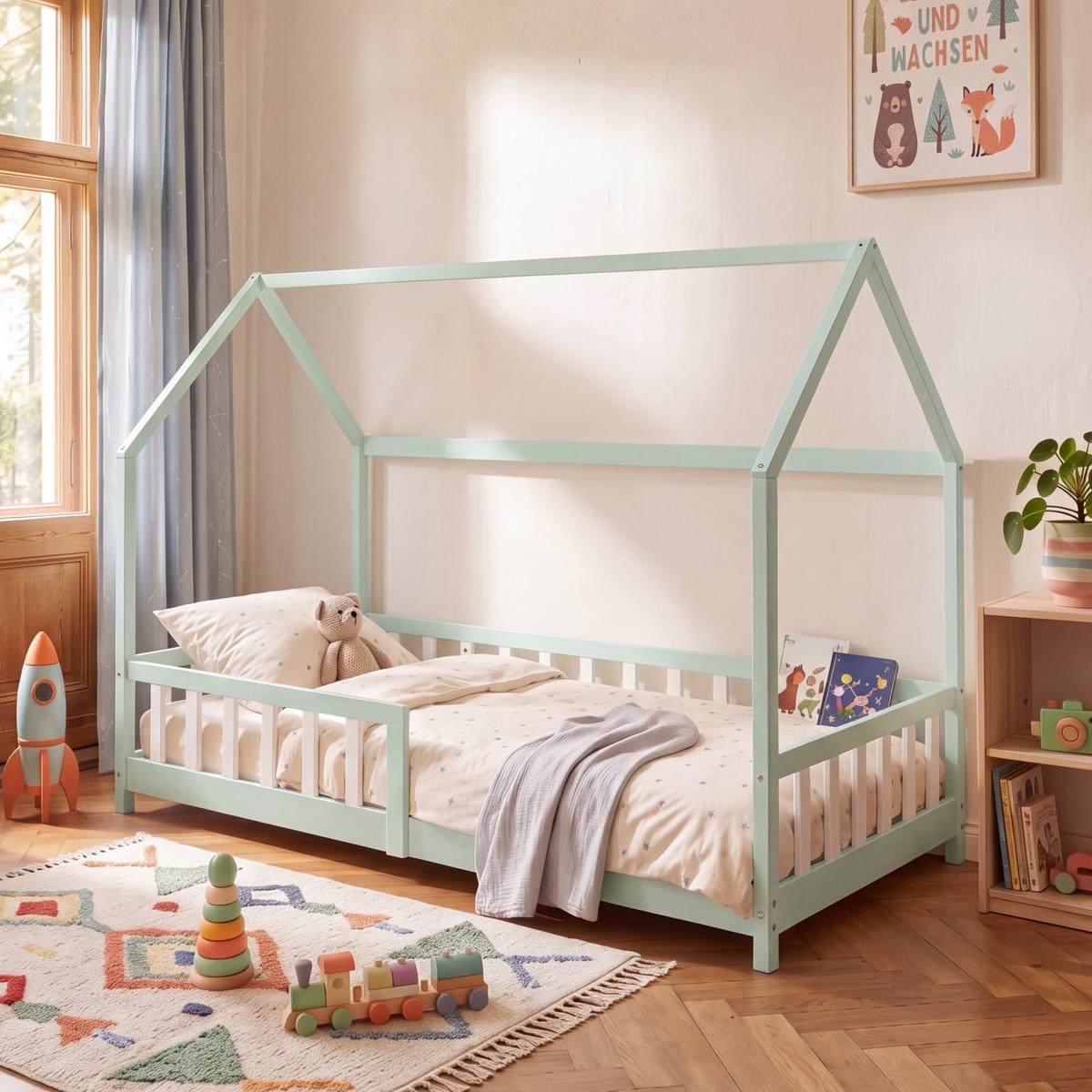 HAUSBETT Hesel - Weiß/Mintgrün, Holz (90/200cm) - [en.casa]
