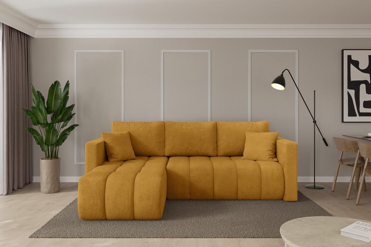 ECKSOFA mit Schlaffunktion Ottomane Links GARD-L 226x146x85 Senfgelb Cord - Dunkelgelb/Schwarz, Holzwerkstoff/Kunststoff (226/146cm) - ALTDECOR