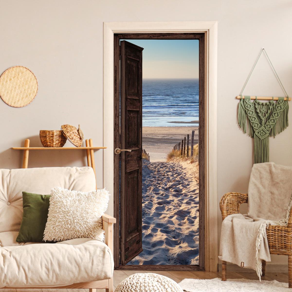 TÜRAUFKLEBER Durchblick - Strand - Meer - Weg - Dünen 80x215 cm - Türtapete - Sandfarben, Kunststoff (80/0.1cm) - MuchoWow