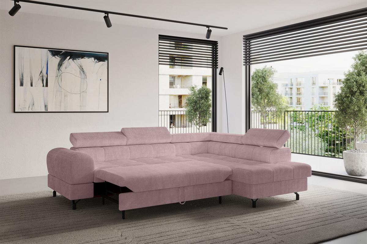 ECKSOFA mit Schlaffunktion Ottomane Rechts LUMA-L 272x203x70 Rosa Cord - Schwarz/Rosa, Holzwerkstoff/Kunststoff (203/272cm) - ALTDECOR