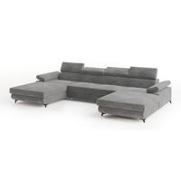 WOHNLANDSCHAFT DETTI Grau Velours-Stoff mit Schlaffunktion - Grau, Holz (339/89/190cm) - MASSENO