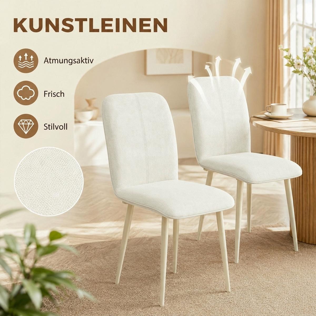 ESSZIMMERSTÜHLE Stoff in Leinenoptik Weiß - Creme, Textil/Metall (57/85/42cm) - HOMCOM