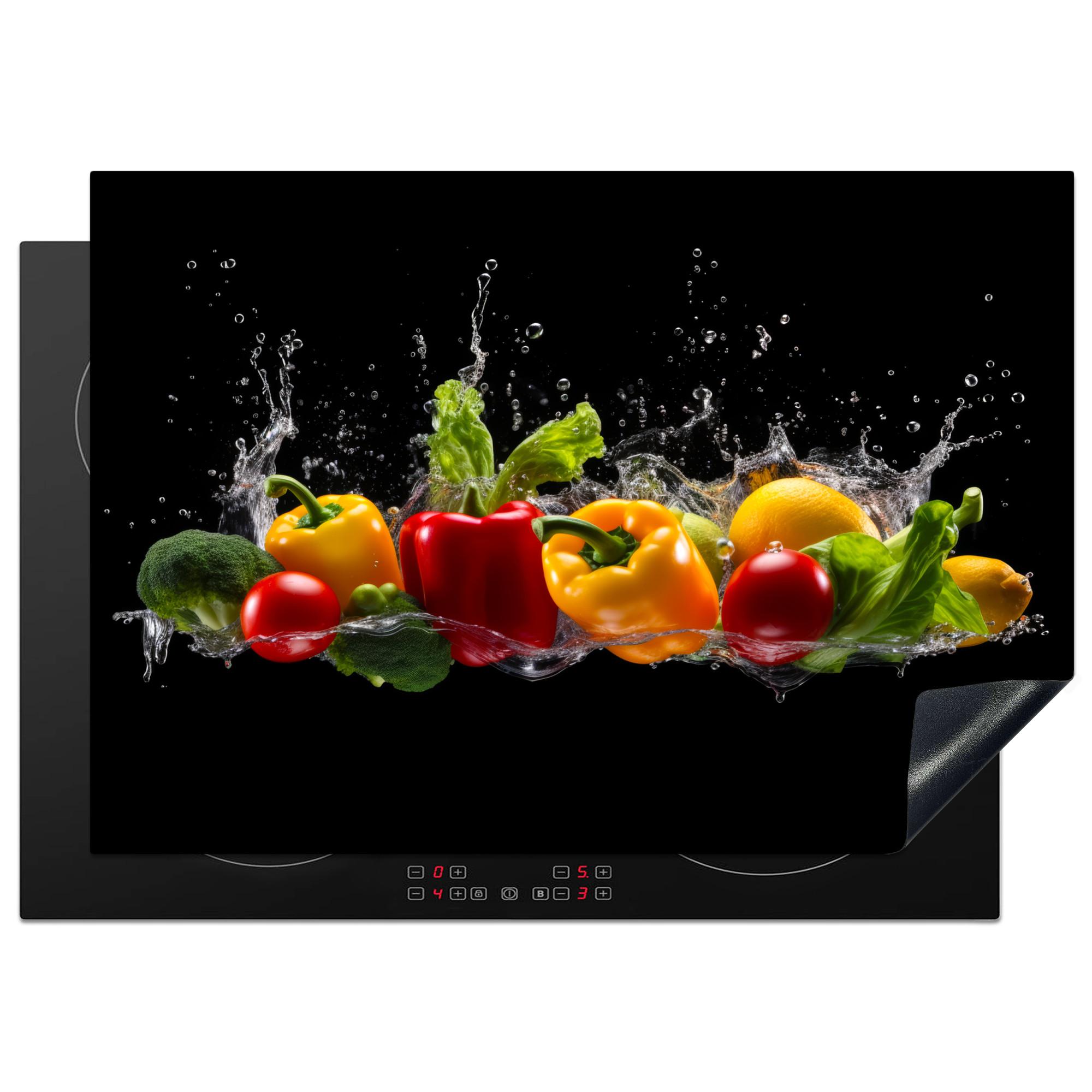 HERDABDECKPLATTE Paprika - Wasser - Gemüse - Schwarz Herdabdeckung Induktionsfeld 75x52 cm - Multicolor, Kunststoff (75/52/0.2cm) - MuchoWow