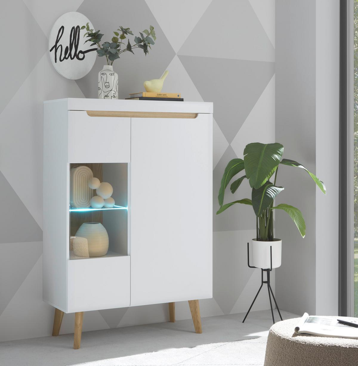 HIGHBOARD weiß, Eiche, skandinavisch 90 x 134 cm, Vitrine mit Soft-Close-Funktion - Eichefarben/Weiß, Glas/Holz (90/134/40cm) - Furn.Design