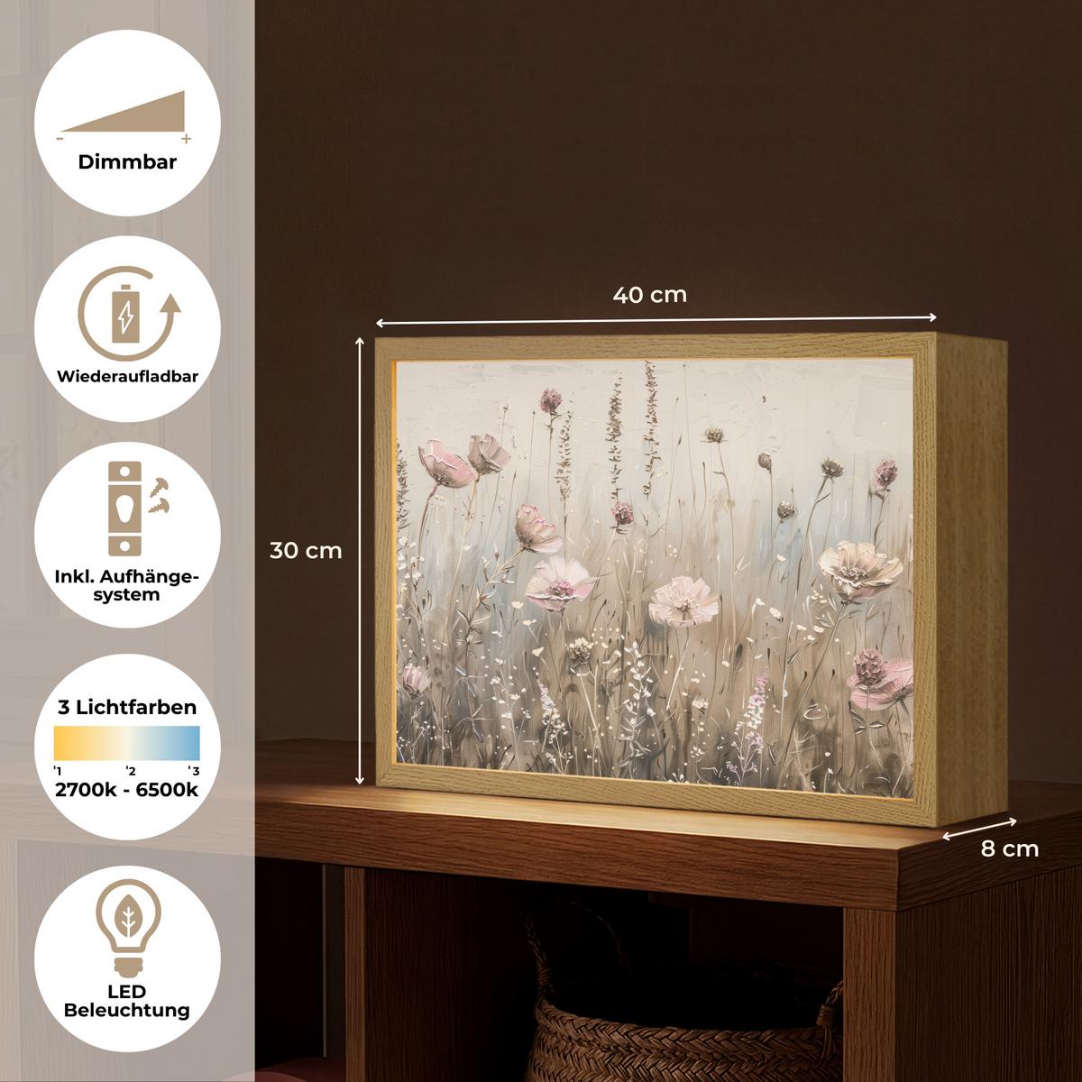 WANDLEUCHTE MIT AKKU Blumen - Rosa - Modern - Beige 40x30 cm - Altrosa, Holzwerkstoff (40/30/8cm) - OnlyWow