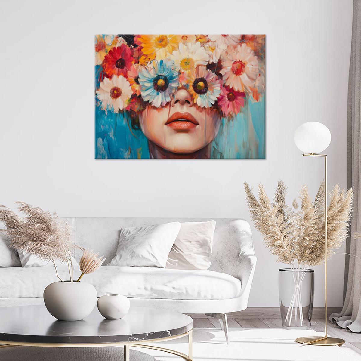 LEINWANDBILD Frau mit bunten Blumen auf dem Kopf 60x40cm - Multicolor, Textil (60/40cm) - Feeby