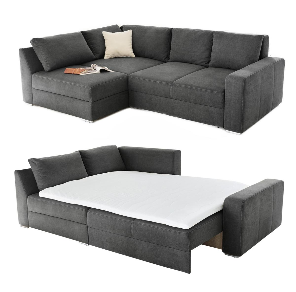 ECKSOFA-DAUERSCHLÄFER Boxspring Federkern Topper Bettkasten, seitenverkehrt montierbar B260/T181/H88 cm, Mikrofaser in Dunkelgrau / 15107 - Chromfarben/Dunkelgrau, Textil/Metall (260/181cm) - luma-home