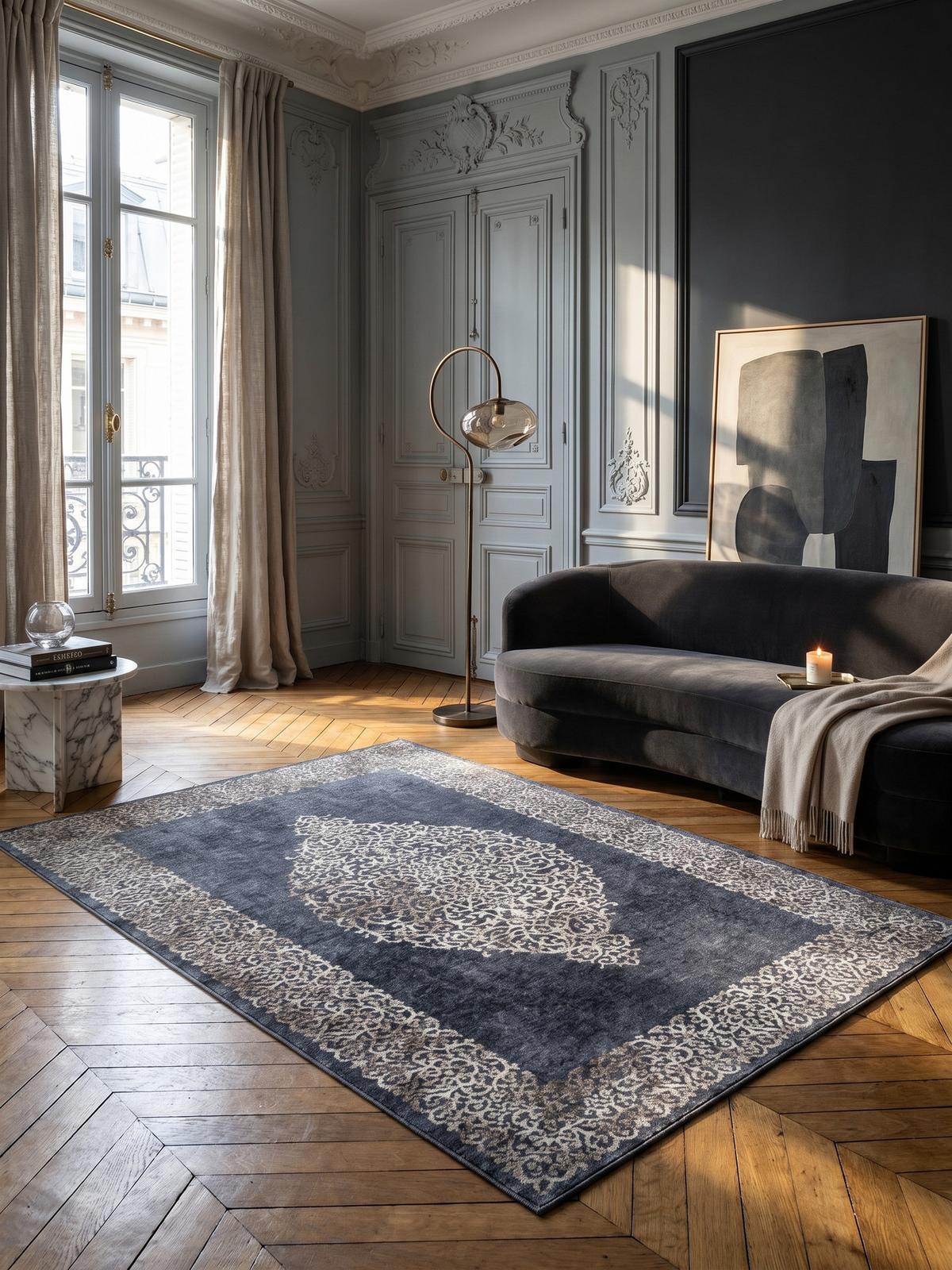 TEPPICH Flachgewebe Waschbar PIZOL in Schwarz, mit Barock-Motiv, 140 x 200 cm - Schwarz, Textil (200/140cm) - KADIMA DESIGN