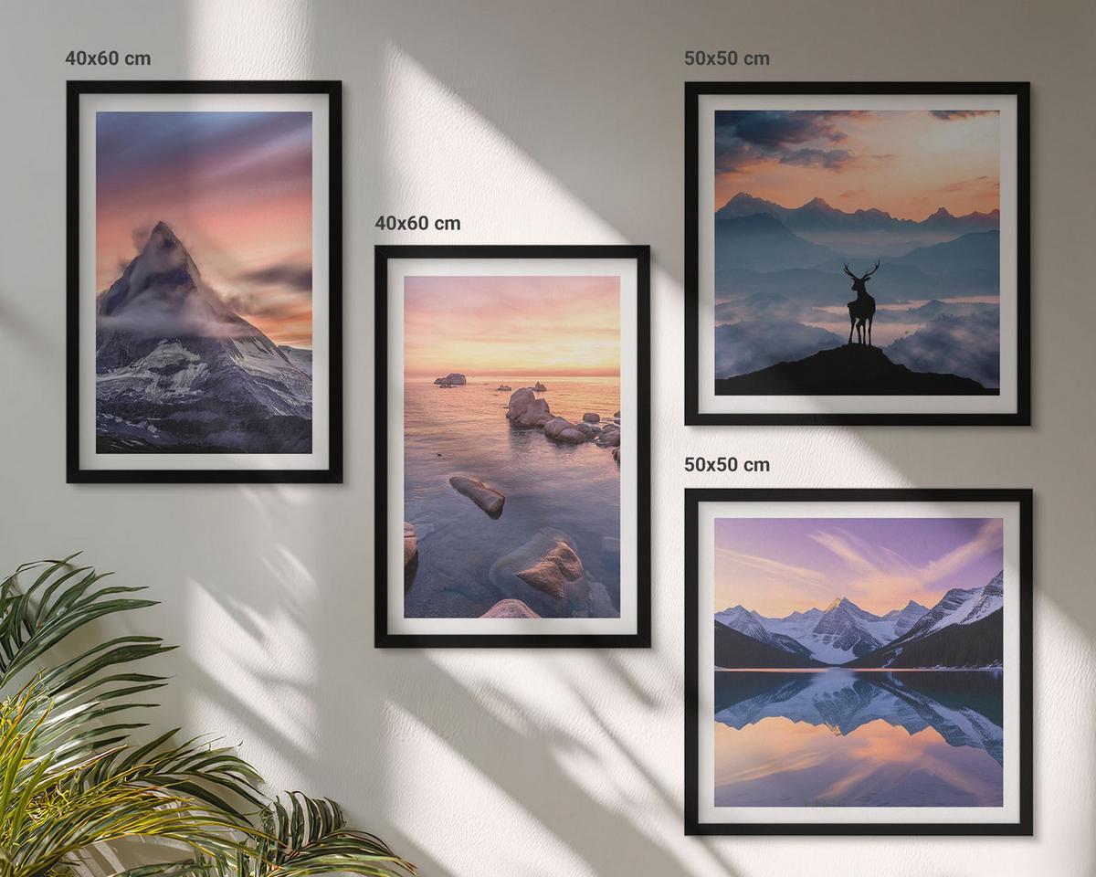 BILDER SET 4er Set - 50x50 cm & 40x60 cm Schwarzer Rahmen - Landschaften Berge Seen jelen - Schwarz, Kunststoff (50/50cm) - TULUP