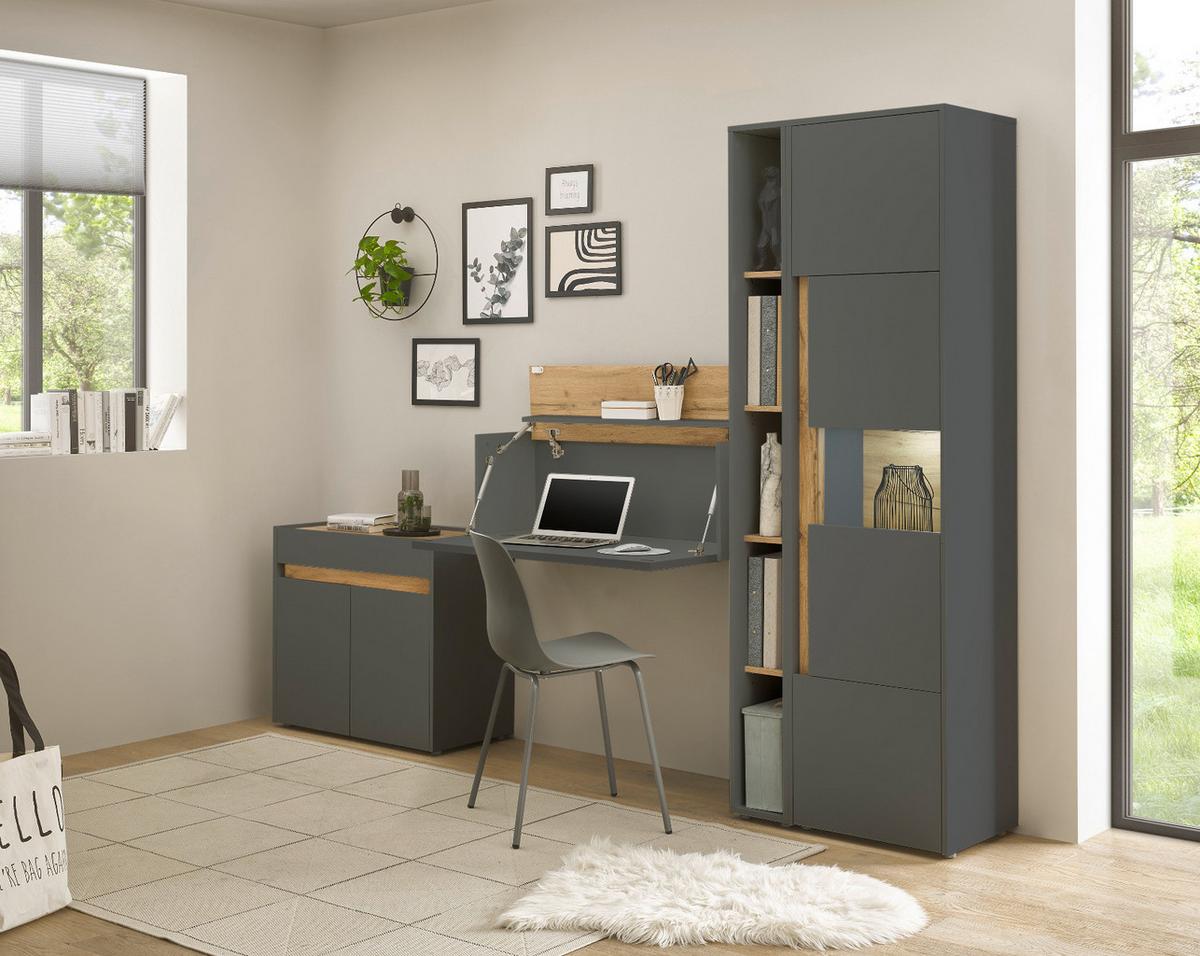 AKTENSCHRANK Set 2-teilig Grau, Eiche Wotan, Regal-Vitrine-Kombination mit 5 Ordnerhöhen - Eichefarben/Eiche Wotan, Holz/Holzwerkstoff (70/200/40cm) - Furn.Design