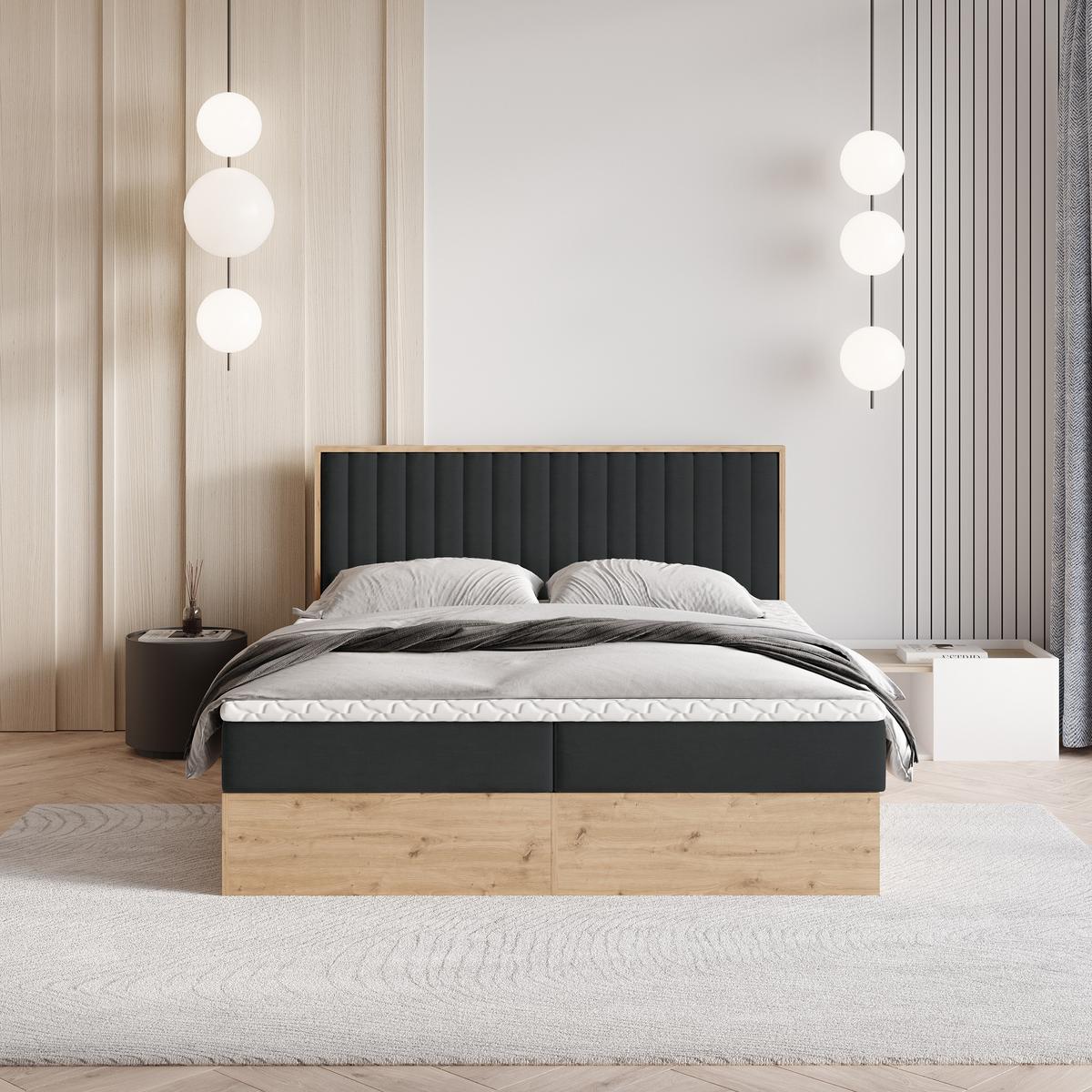 BOXBETT VARELI 140x200 cm mit Matratze und Topper - Schwarz - Schwarz, Holz (140/200cm) - MASSENO