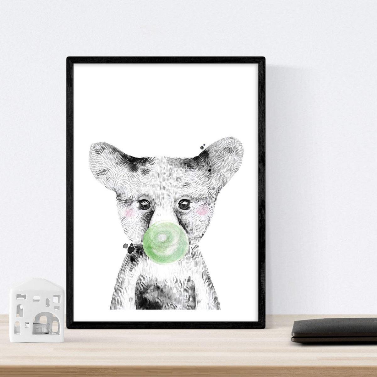 POSTER Set Mit 6 Tiere Babys Mit Kaugummi Elefant Schweinefleischkaninchen Kuh Fuchshund A4 Schwarzer Rahmen - Schwarz, Papier (29/3cm) - Nacnic