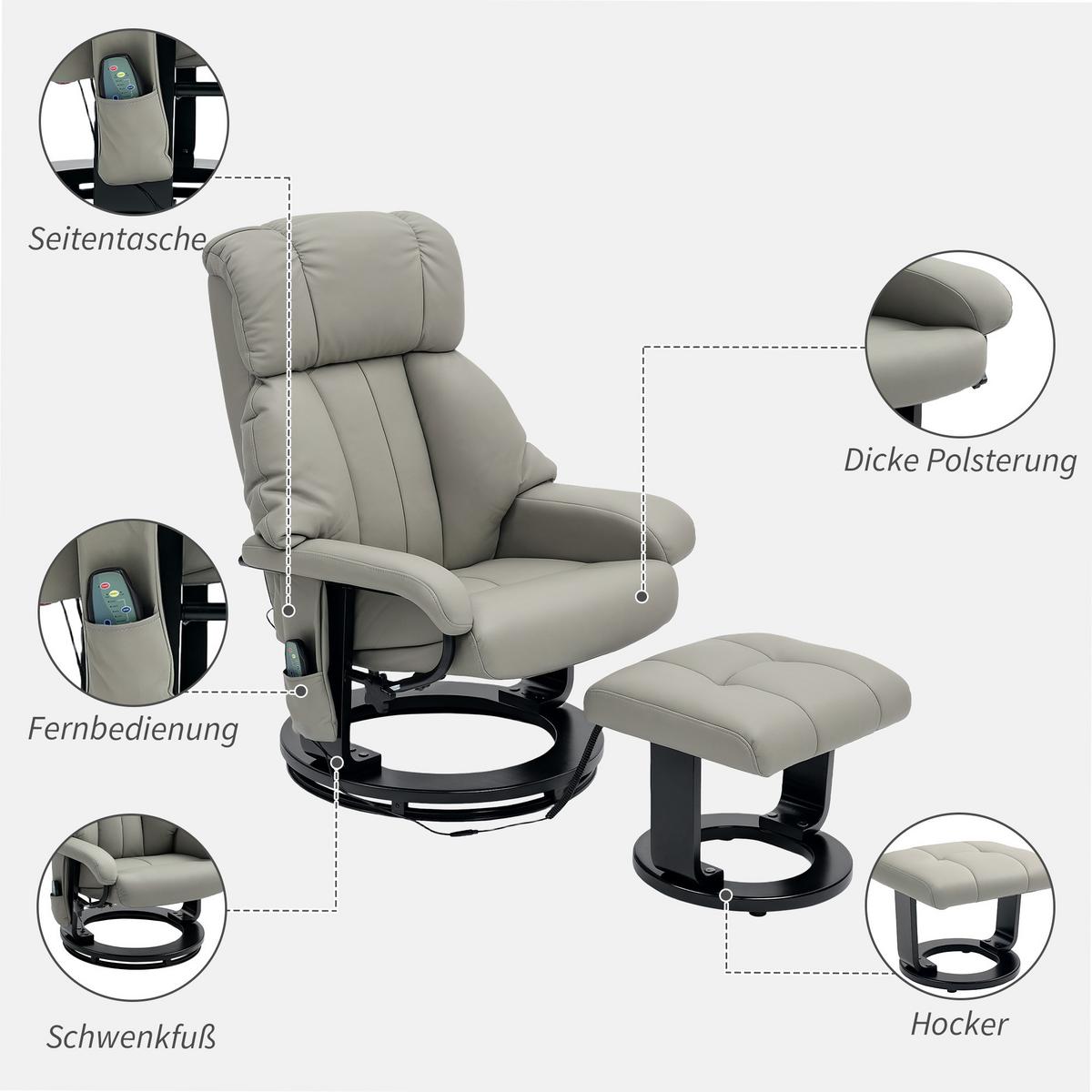 RELAXSESSEL mit Fußhocker, Massagesessel mit Liegefunktion Fernbedienung Grau - Greige/Schwarz, Kunststoff/Metall (80/102/76cm) - HOMCOM