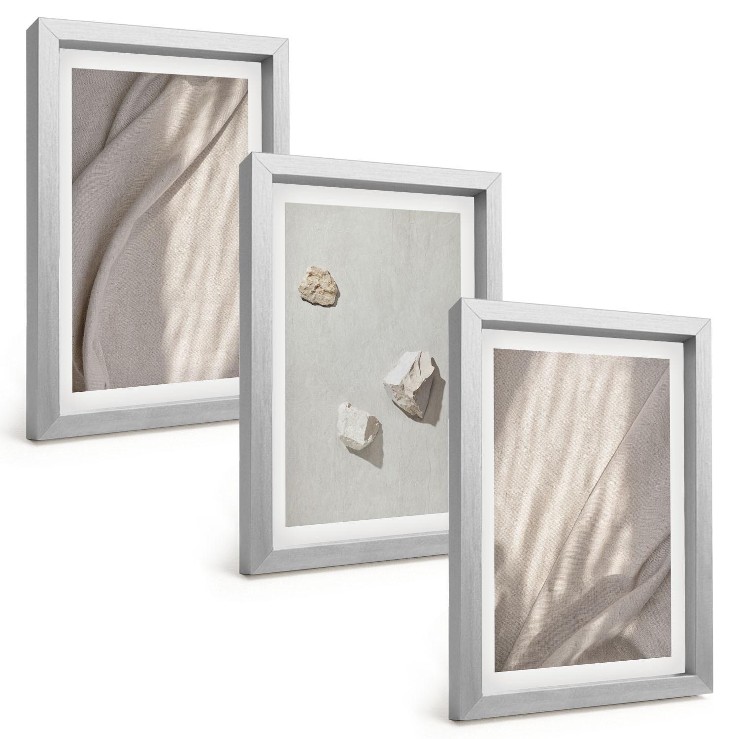 BILDER SET 3er Set - 20x30 cm Silberner Rahmen - Nahaufnahmen der Struktur im Boho-Stil - Silberfarben, Kunststoff (20/30cm) - TULUP