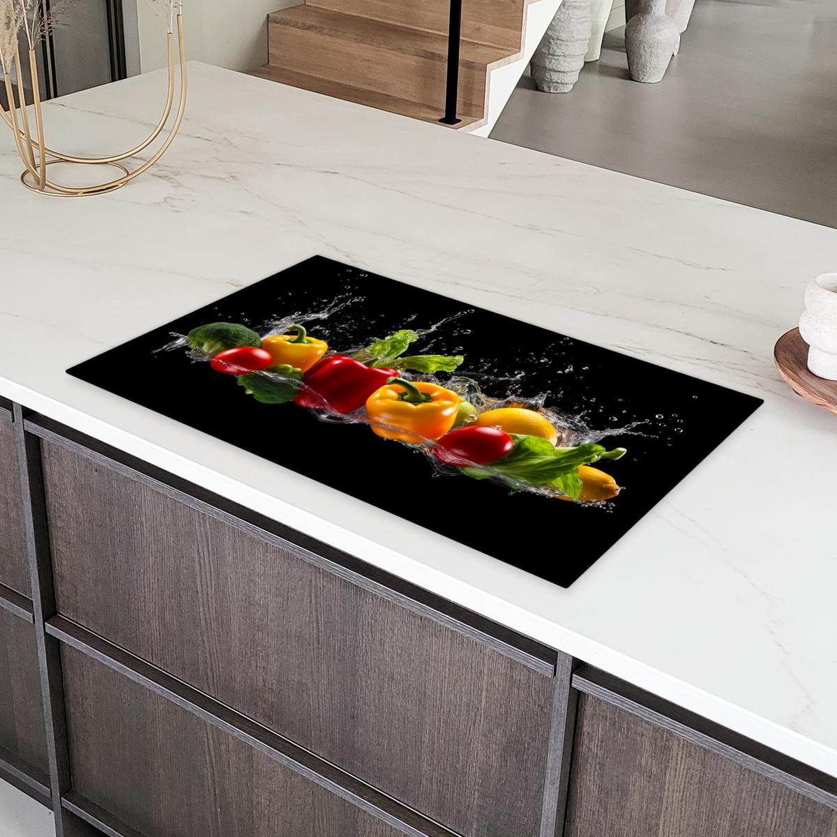 HERDABDECKPLATTE Paprika - Wasser - Gemüse - Schwarz Ceranfeldabdeckung 90x52 cm - Multicolor, Kunststoff (90/52/0.2cm) - MuchoWow