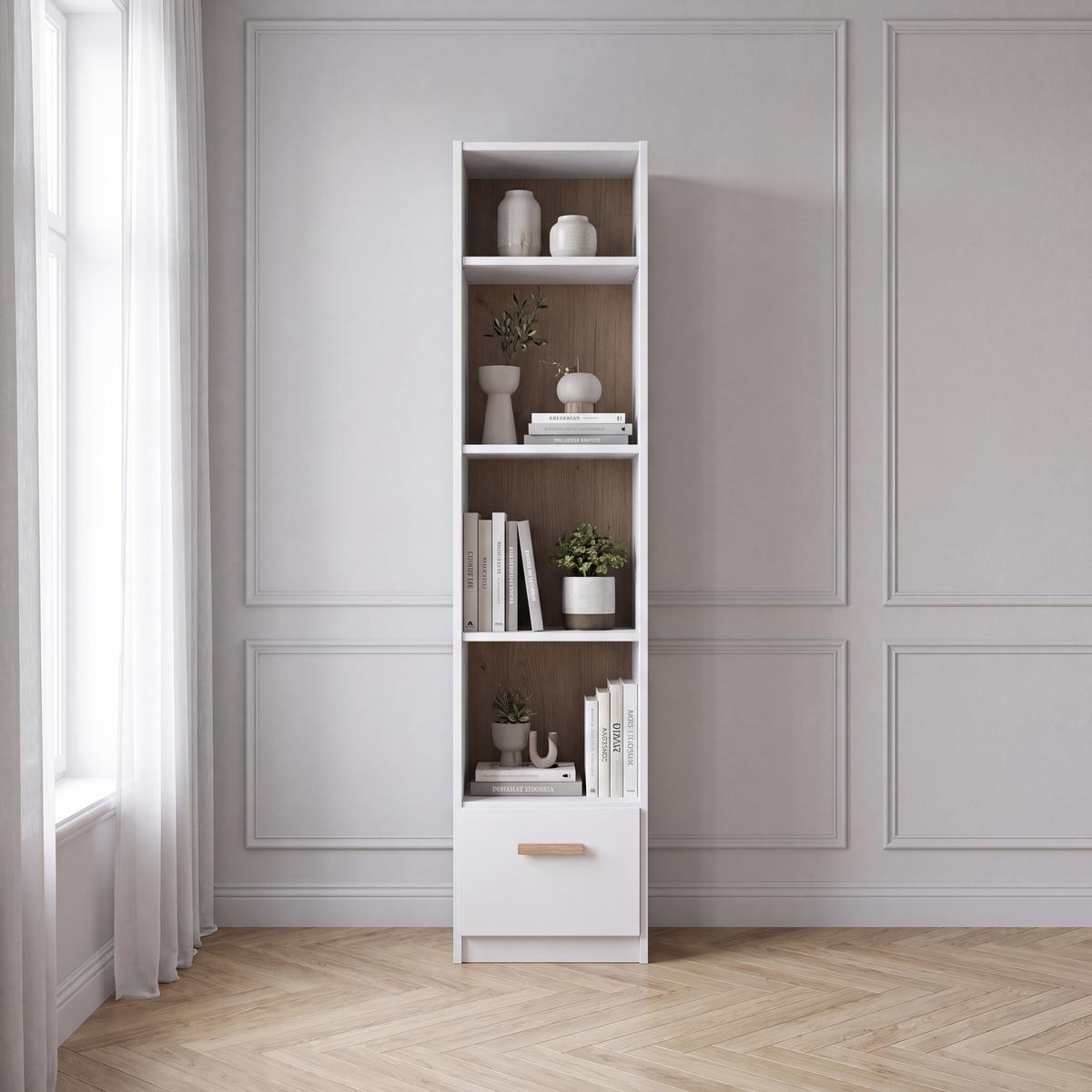 STANDREGAL mit Schubladen B47/H197/T40 cm, passend zum Babyzimmer Weiß & Eiche Dekor (22811,22812,22813) / 22814-04 - Eichefarben/Weiß, Holzwerkstoff (47/197/40cm) - luma-home