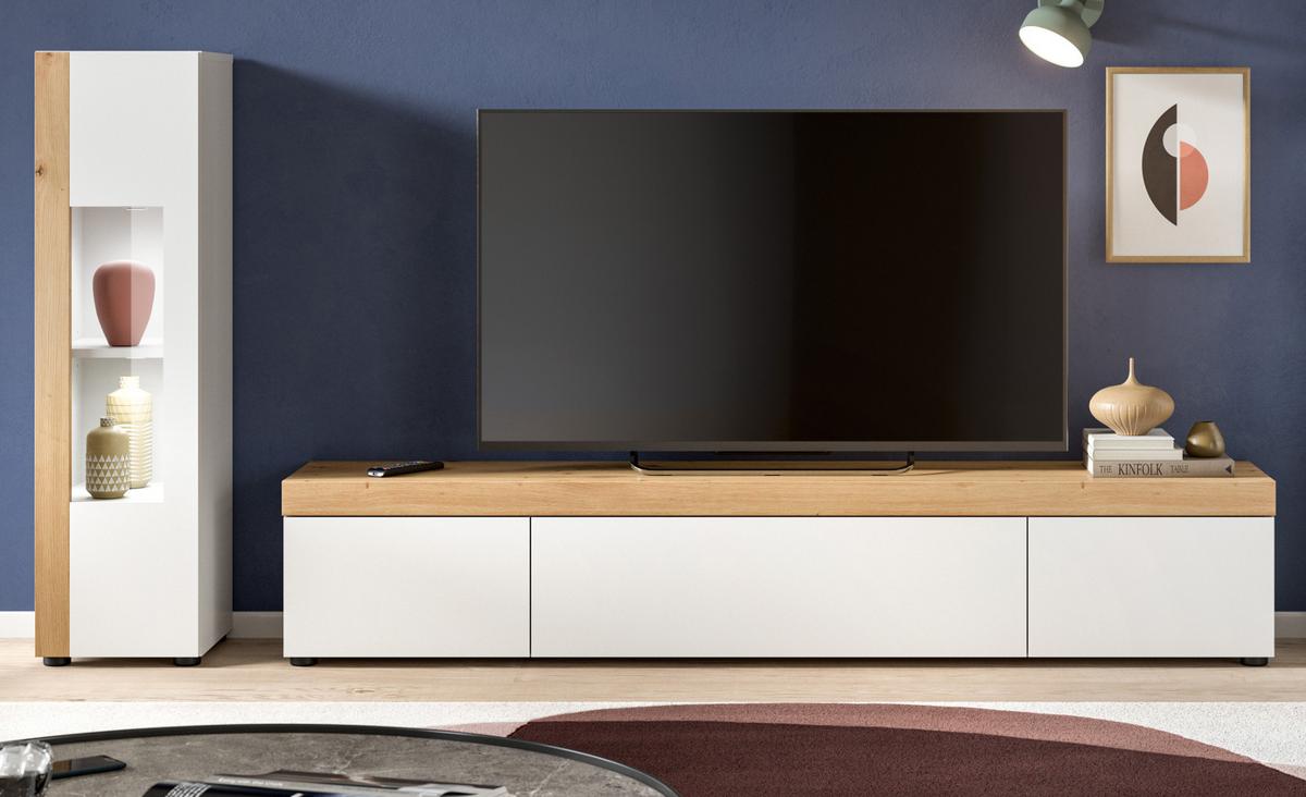 WOHNWAND 2-teilig weiß und Eiche 225 cm, Schrankwand stehend/hängend - Schwarz/Weiß, Glas/Holzwerkstoff (225/157/33cm) - Inn.Furn
