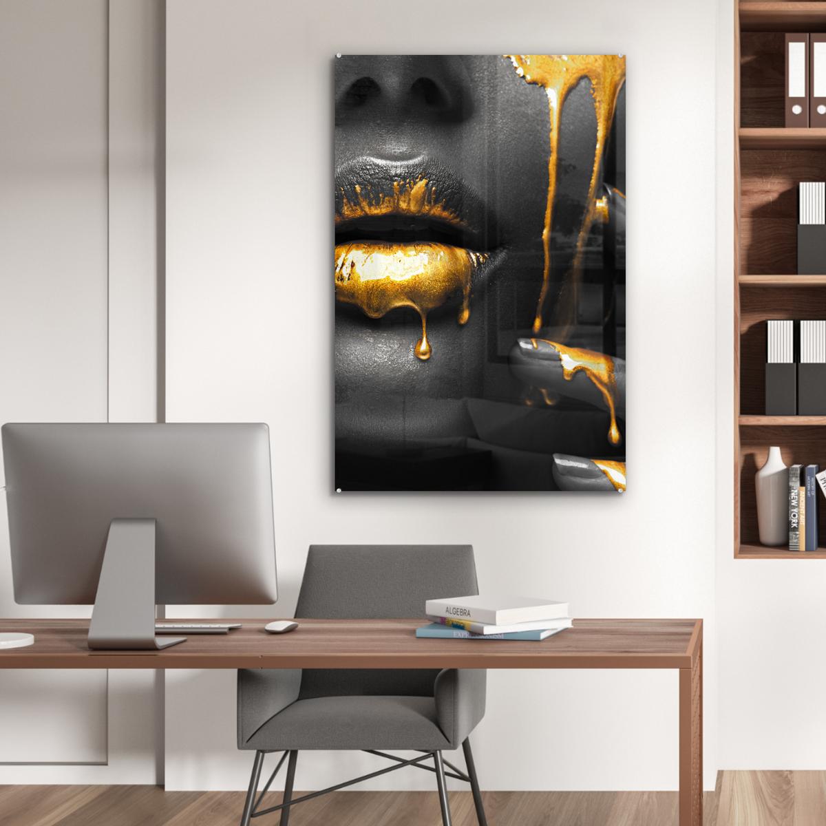 ACRYLGLASBILD Frau - Schwarz - Gold - Gesicht - Lippen 80x120 cm - Goldfarben, Glas (80/120cm) - MuchoWow