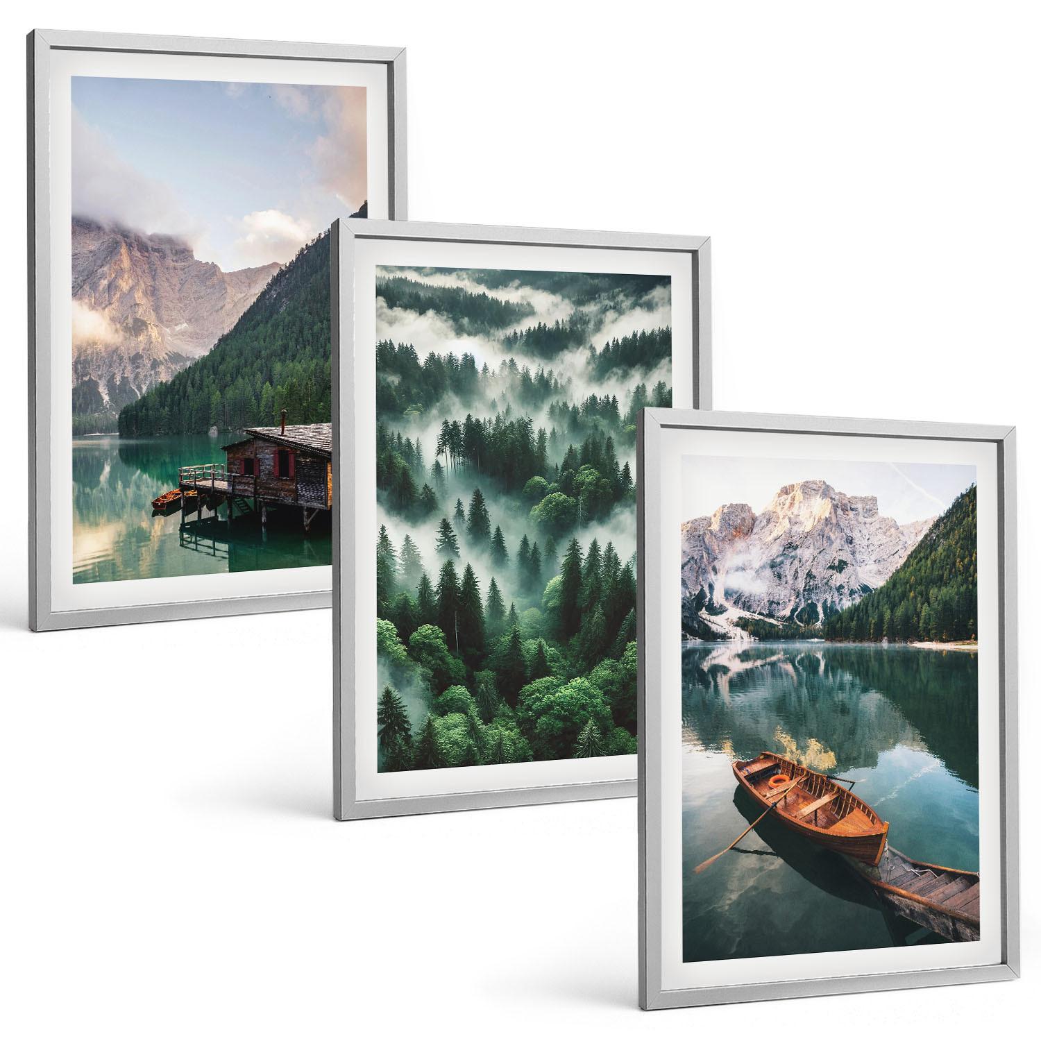 BILDER SET 3er Set - 40x60 cm Silberner Rahmen - Bergsee, Boot, Waldnebel - Silberfarben, Kunststoff (40/60cm) - TULUP