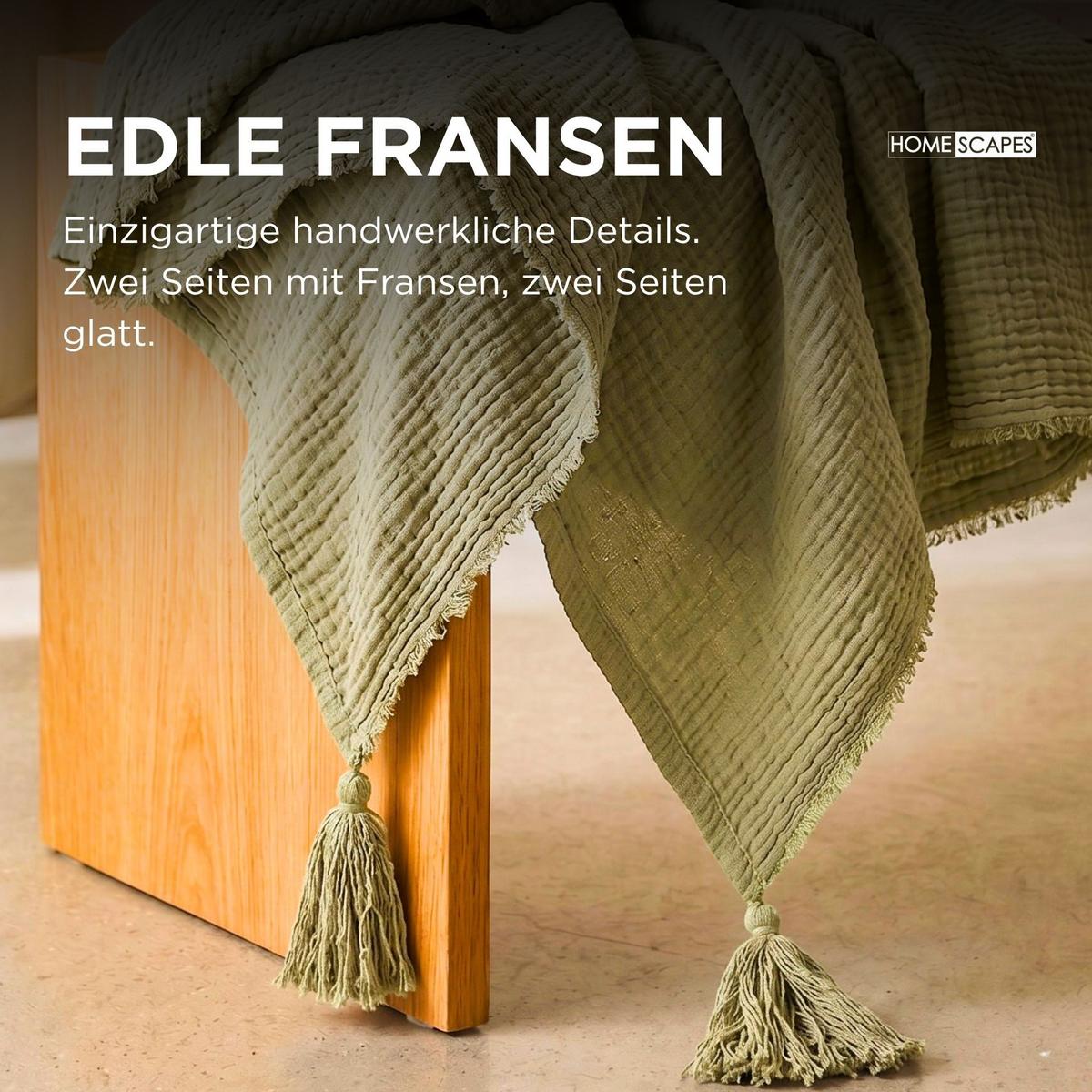 WOHNDECKE Musselin salbei mit Quasten - Salbeigrün, Textil (127/180cm) - Homescapes