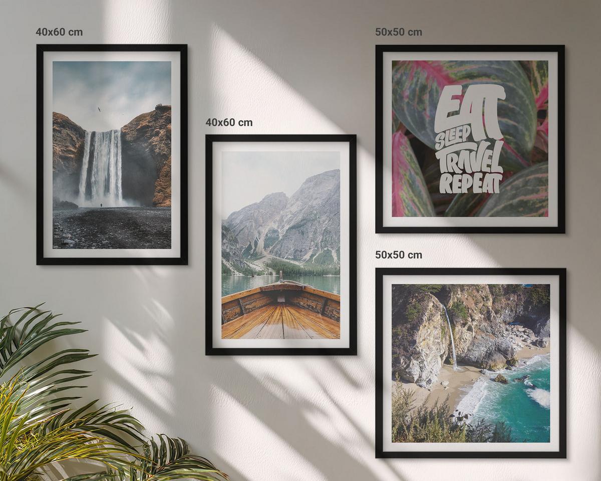 BILDER SET 4er Set - 50x50 cm & 40x60 cm Schwarzer Rahmen - Wasserfall Bergreise Natur - Schwarz, Kunststoff (50/50cm) - TULUP
